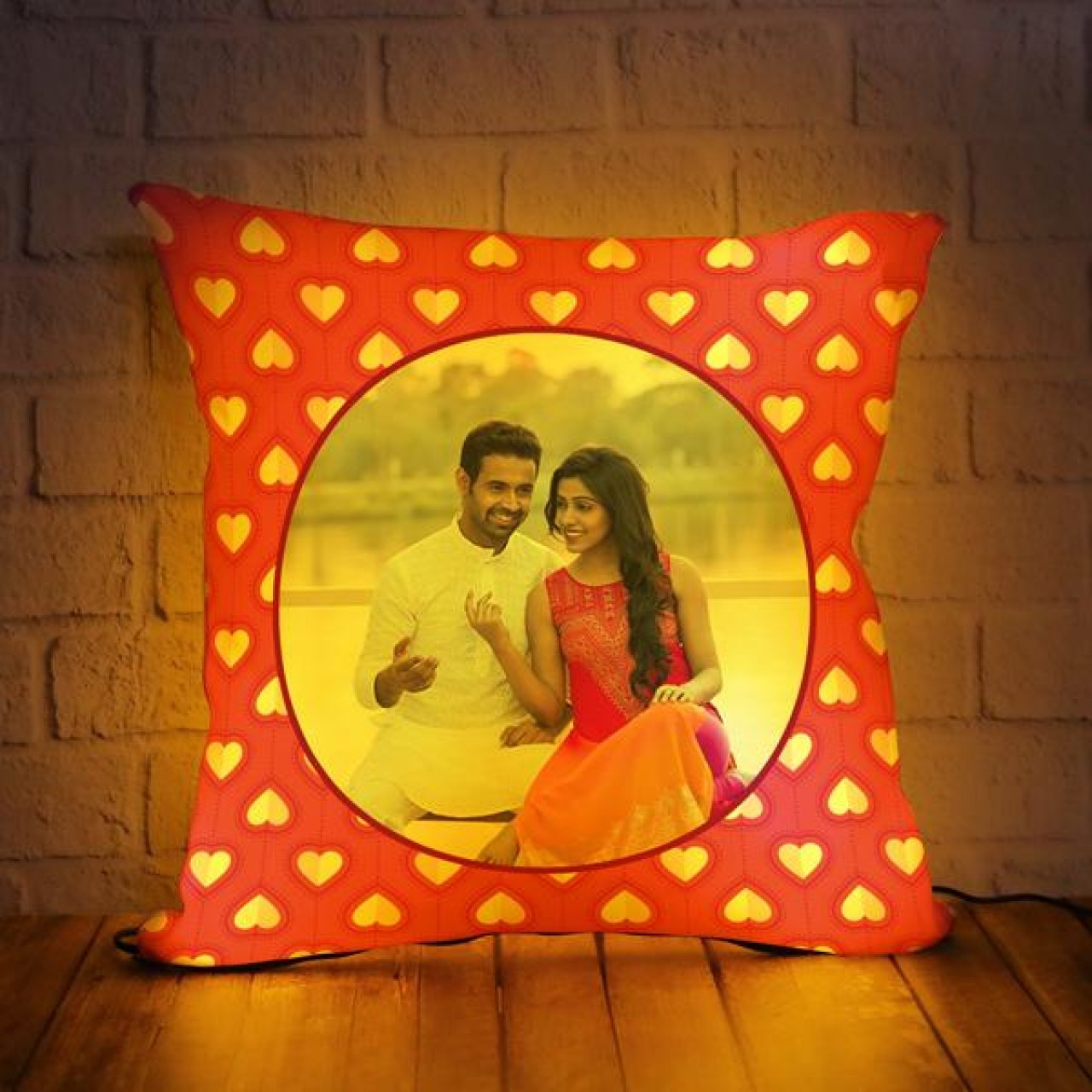 Personalized Led Cushion with Heart Pattern in Background