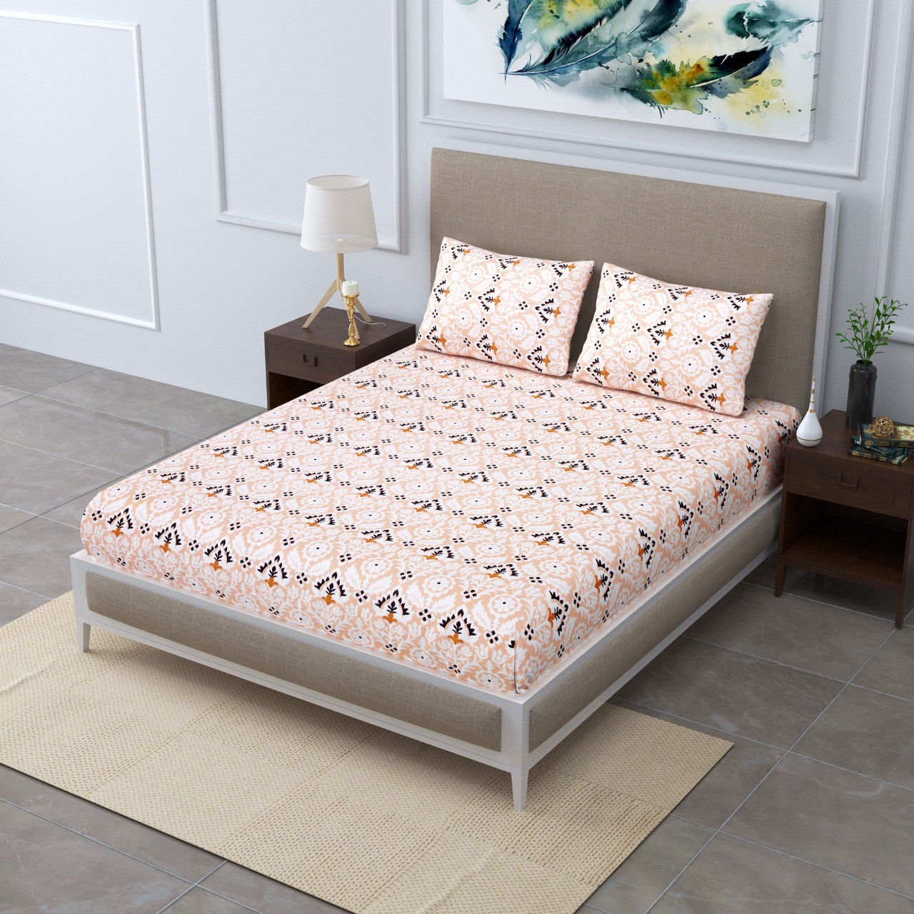 Classic Cotton Peach Damask Bedsheet