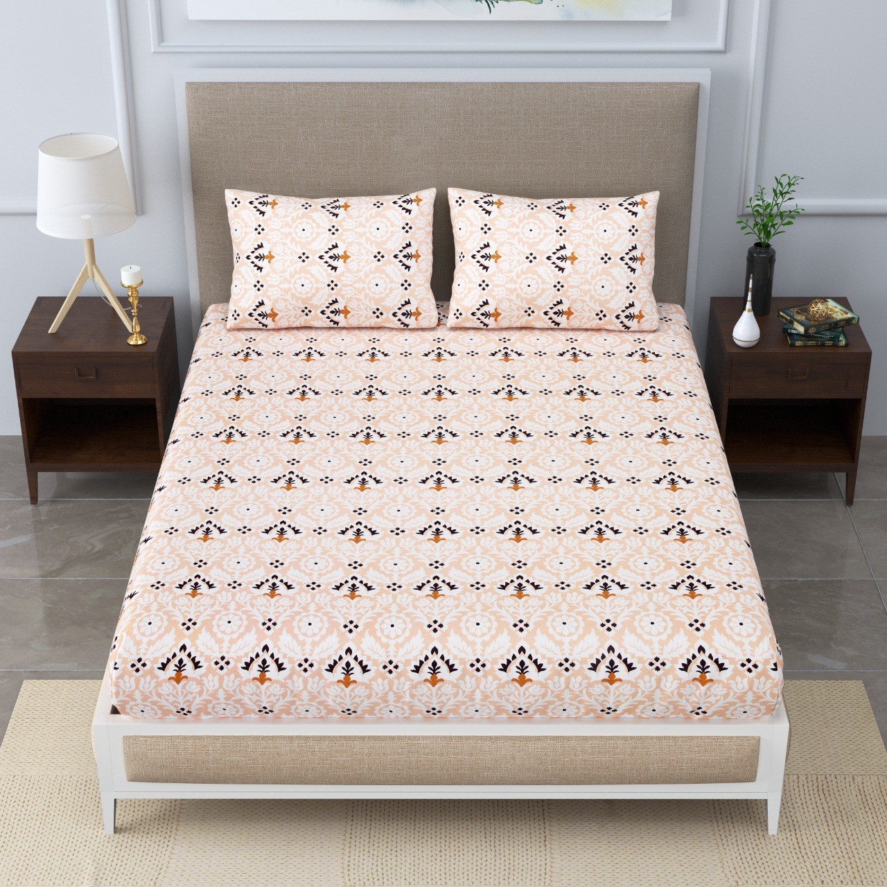 Classic Cotton Peach Damask Bedsheet