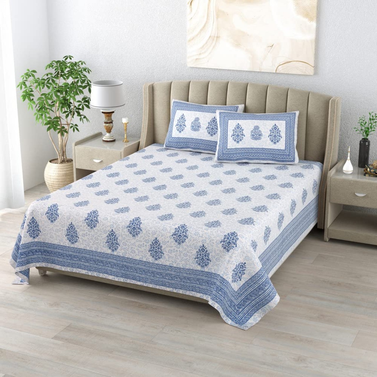 Classic Cotton Blue Block Printed Bedsheet Set